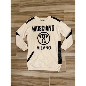 Moschino Couture Milano Logo Sweatshirt Dress White Black Tape Stripe A04475427